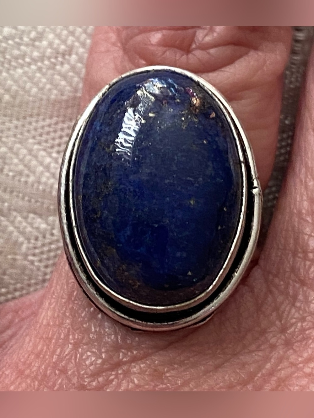 Lapis Lazuli Oval Stone Crystal Ring Size 8 Silver Tone Band 1”H X .75”W